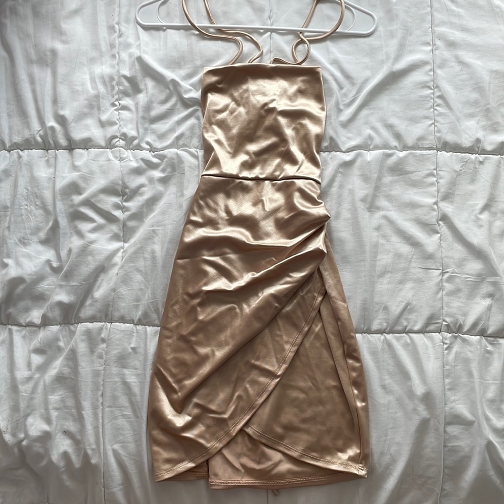 Sultry strappy back satin mini dress -brand: Windsor
